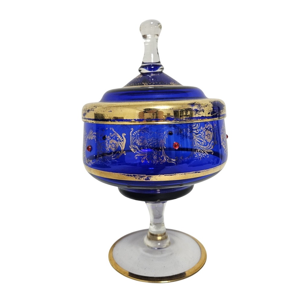 Ultra Rare Enesco Italia Cobalt Blue Gold Trim & Crystals Covered Vase Dish‎ **